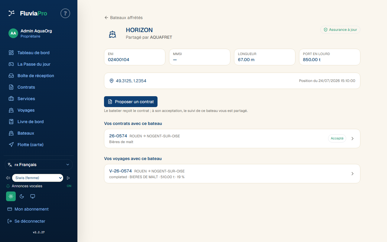 Fiche d'un bateau affrété : identité, position AIS, carte de conformité assurance, voyages liés à mes contrats