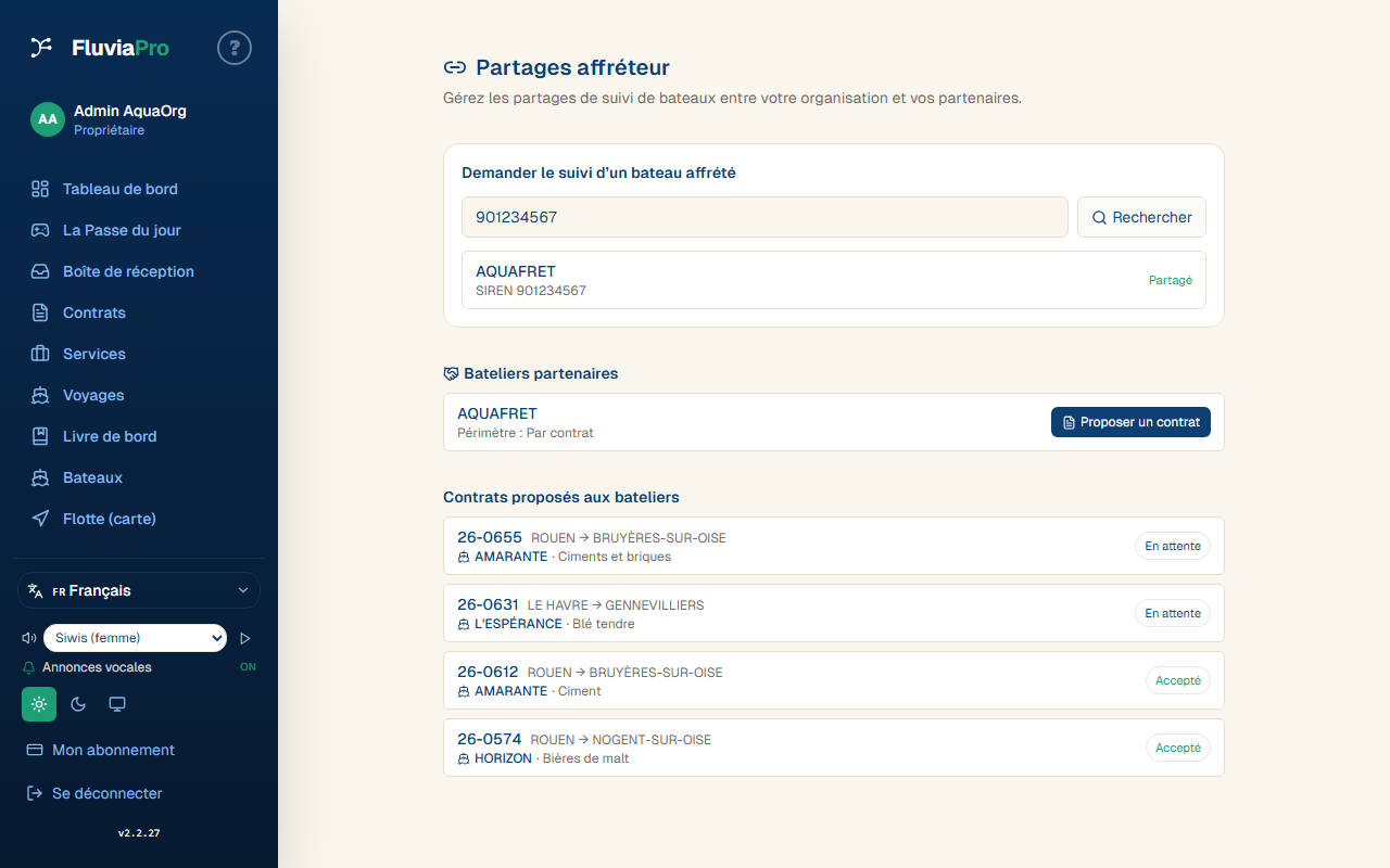 Écran de gestion des partages : recherche d'un batelier par SIREN et suivi des demandes envoyées