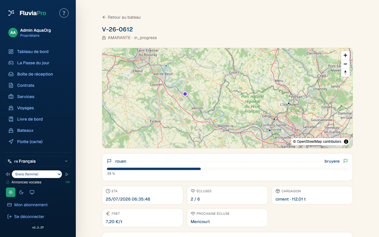 Fiche voyage affrété : carte MapLibre avec position AIS, trace et écluses, panneau ETA / tonnage / cargaison / fret