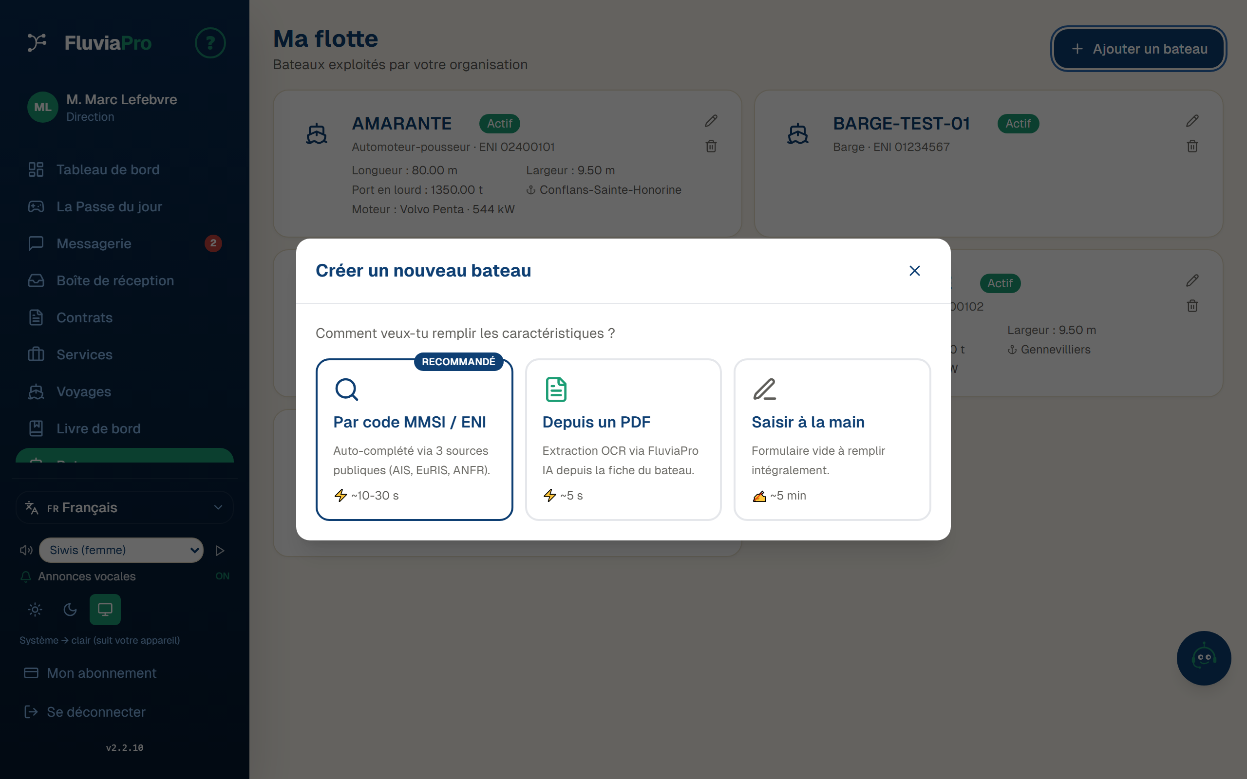 Création d'un bateau : choix de la méthode, dont pré-remplissage par MMSI / ENI