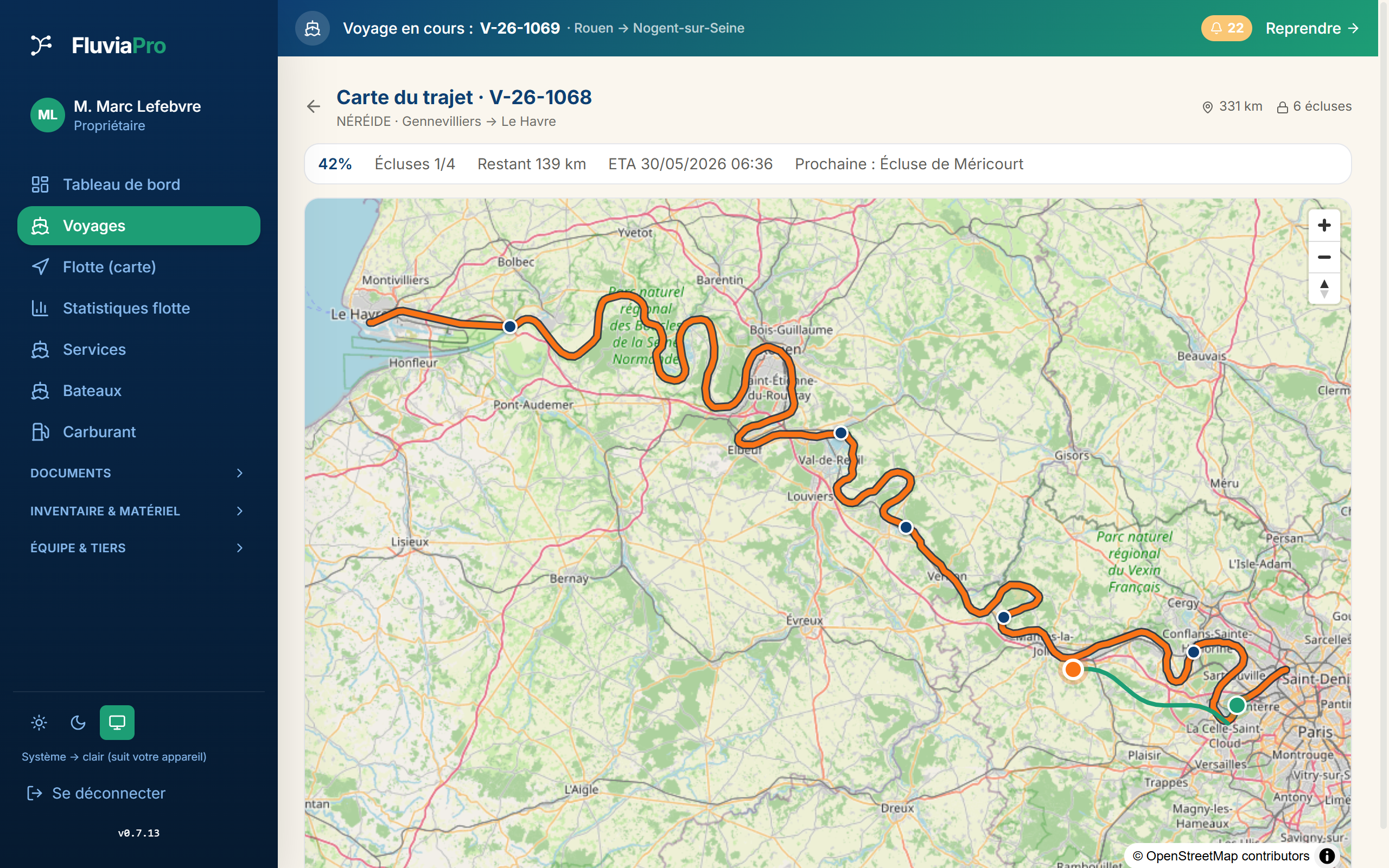 Carte du trajet sur la Seine avec l'itinéraire et les 21 écluses calculées via EuRIS