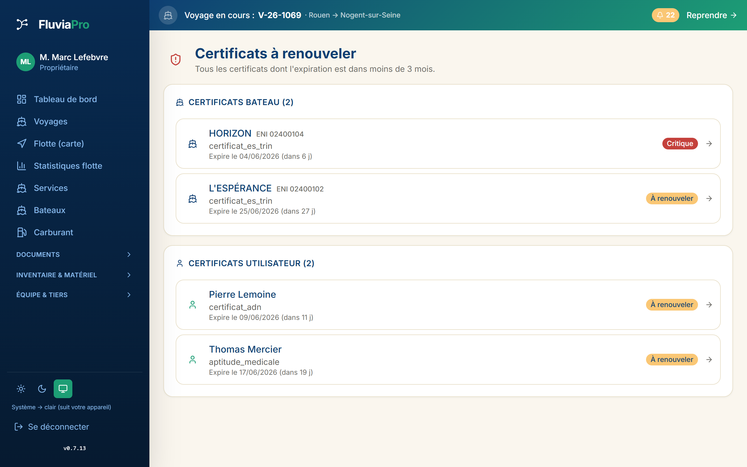 Coffre-fort de certificats : alertes d'échéance pour les certificats bateau et utilisateur