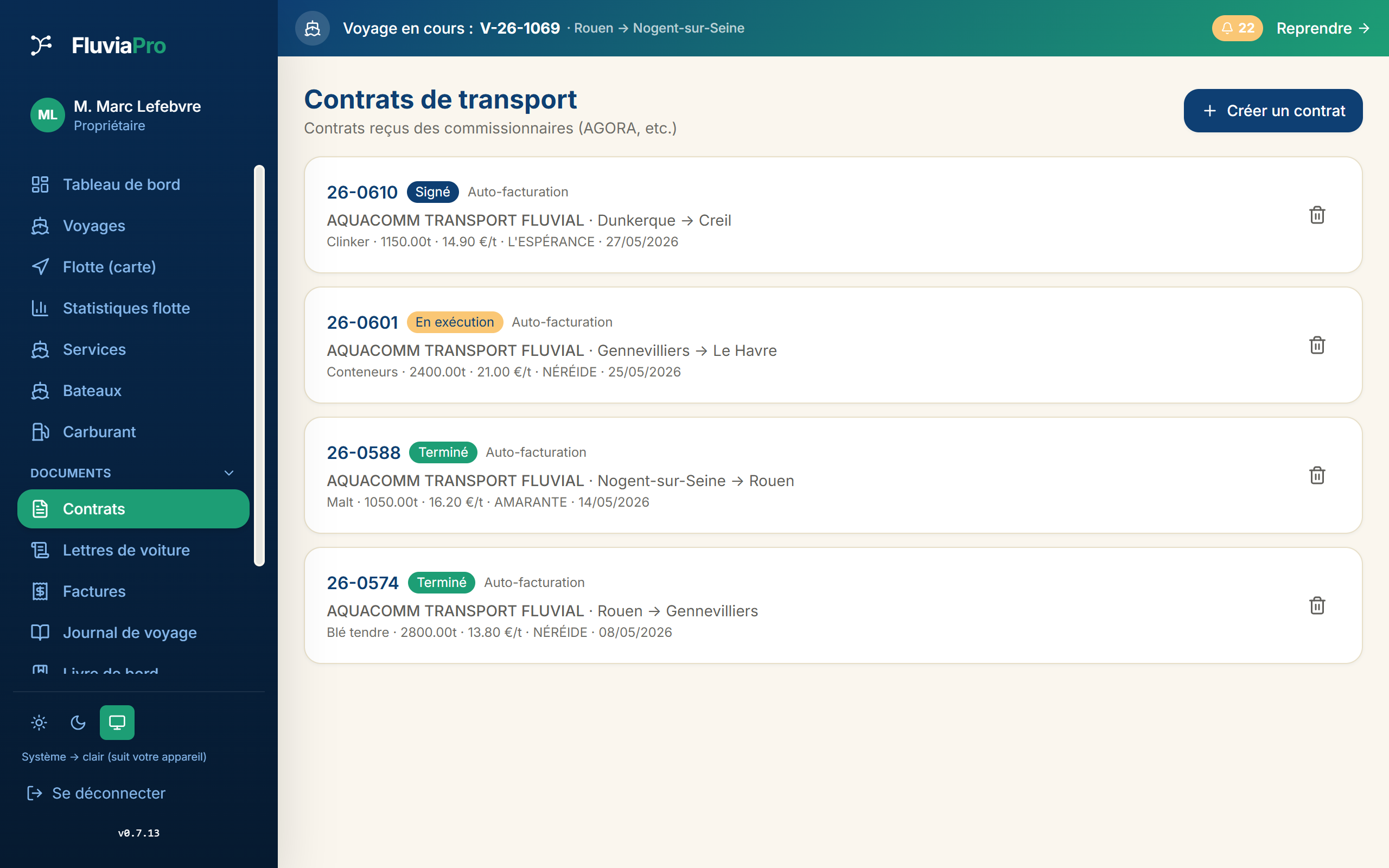 Contrats de transport reçus des commissionnaires, avec extraction automatique des informations par FluviaPro IA