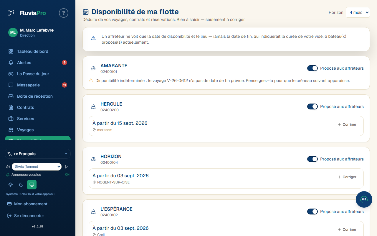 Disponibilité de flotte FluviaPro : par bateau, la date de libération et le lieu, avec l'interrupteur de publication aux affréteurs