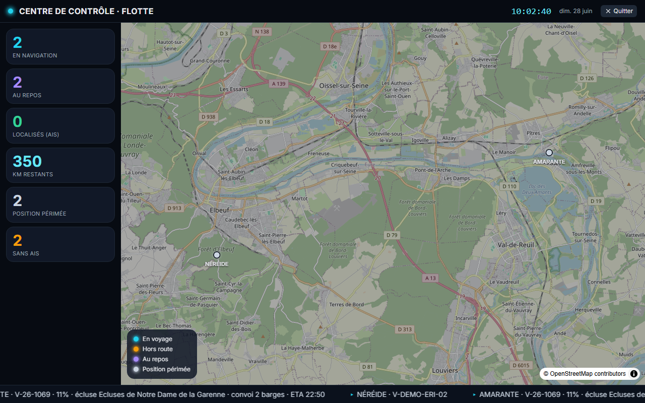 Mode mur FluviaPro : centre de contrôle plein écran avec la carte de flotte et les indicateurs clés