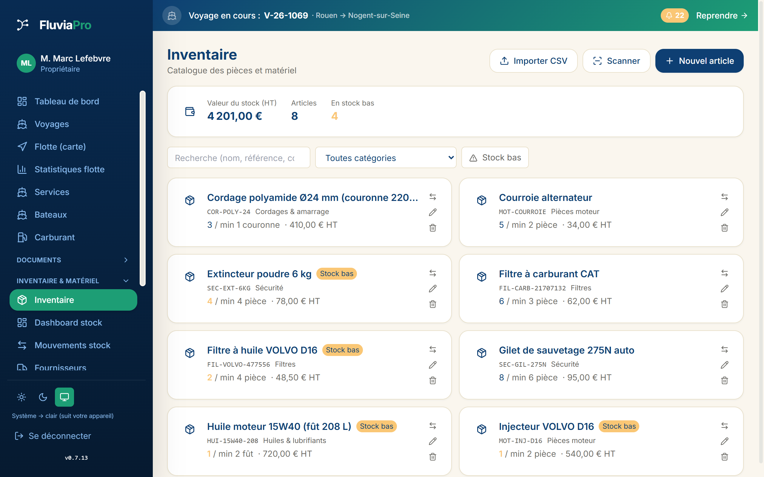 Inventaire & matériel : articles, fournisseurs, valeur du stock et alertes de stock bas