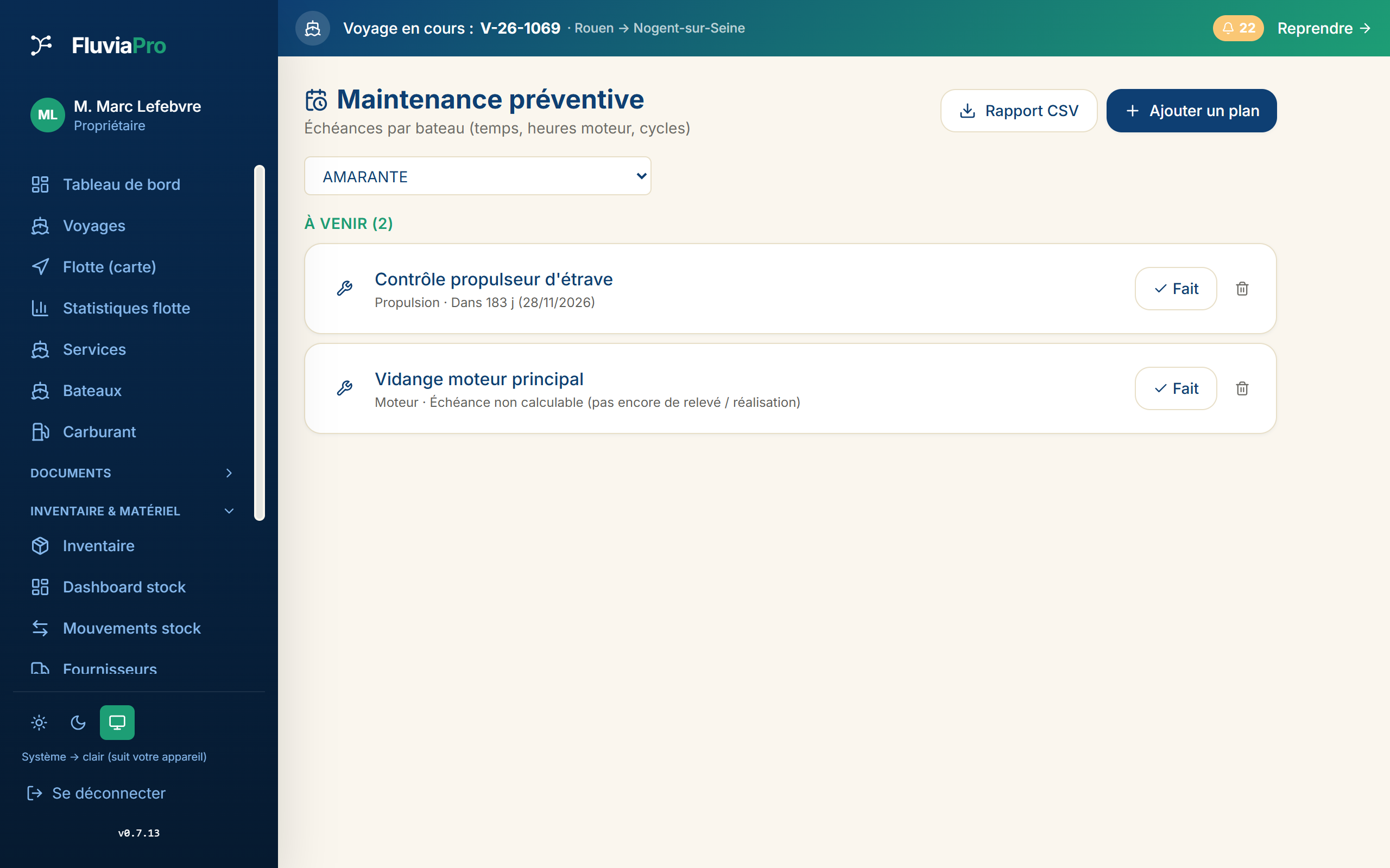 Maintenance préventive : plans d'entretien par bateau et suivi des interventions