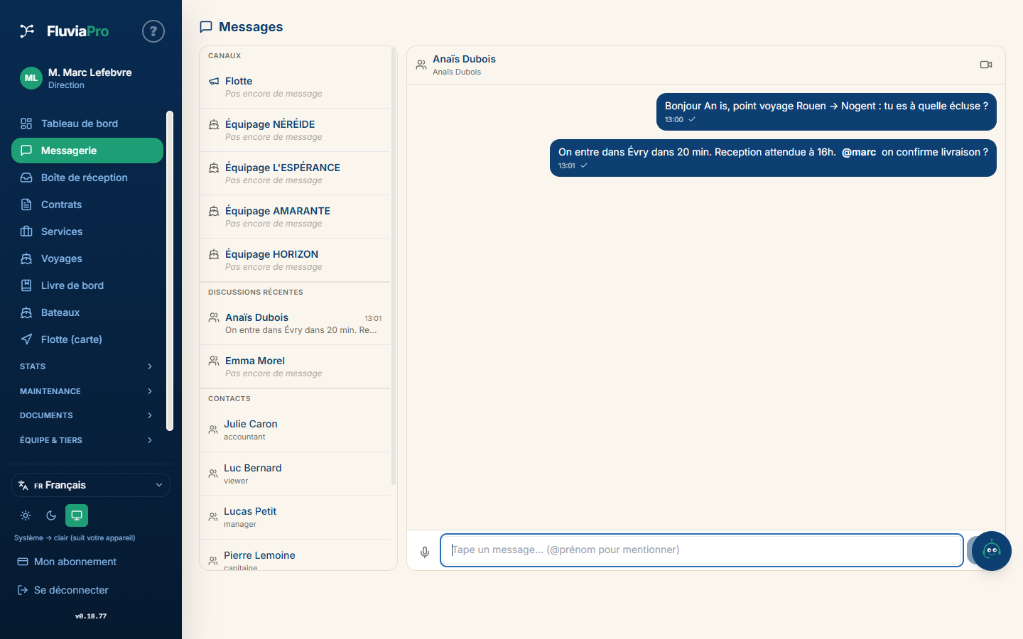 Vos équipages se parlent dans FluviaPro, pas sur WhatsApp