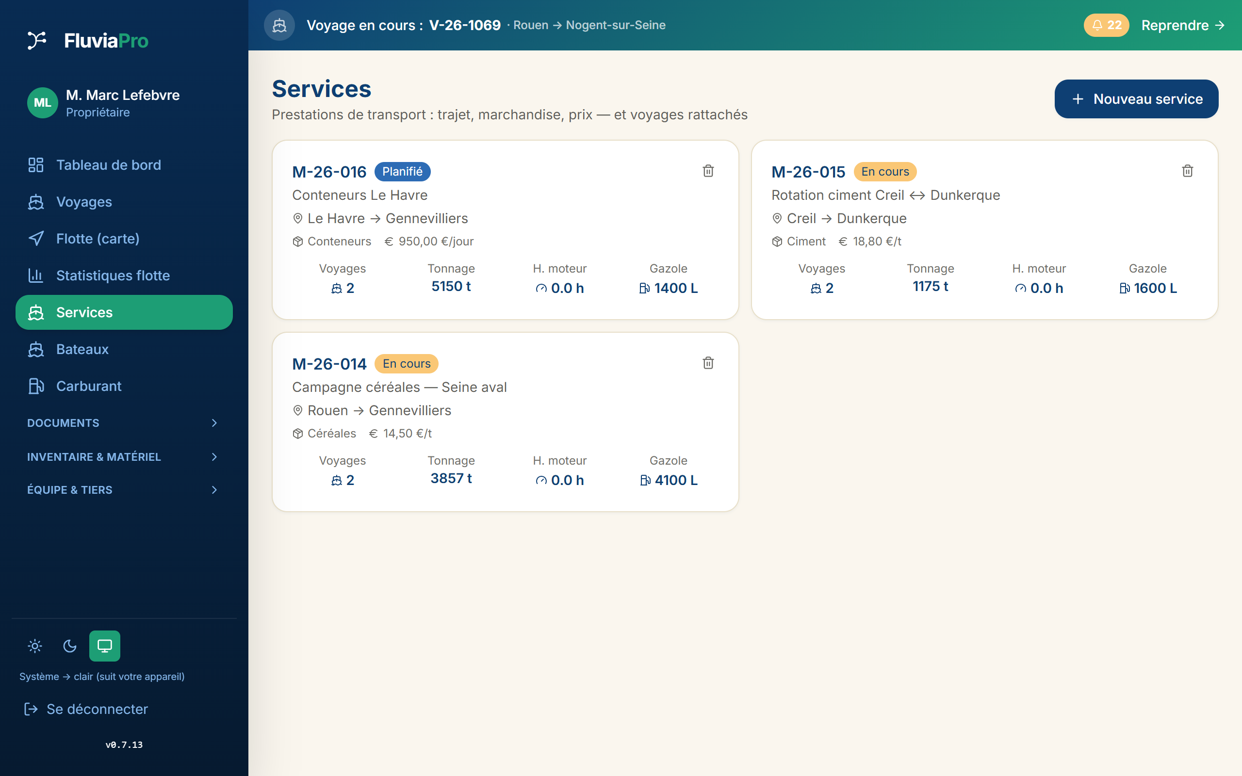 Services : prestations de transport (trajet, marchandise, prix) regroupant leurs voyages