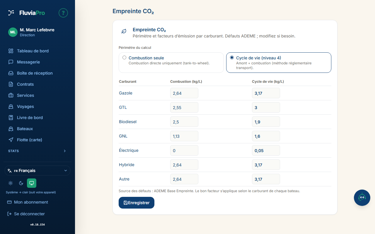 Réglages de l’empreinte CO₂ : périmètre de calcul et facteurs d’émission par carburant (défauts ADEME)