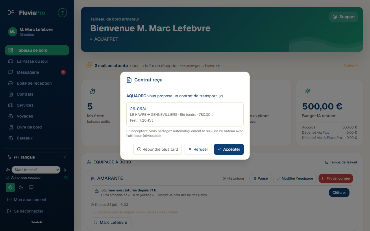 Popup de consentement côté batelier : accepter ou refuser une demande de partage entrante